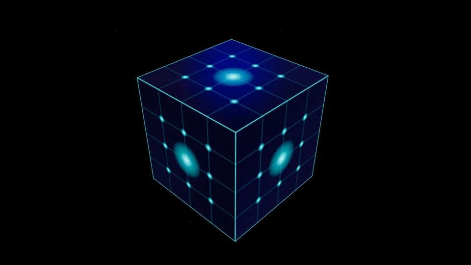 Luminous Cube: a glowing blue 3D cube with light points on a grid